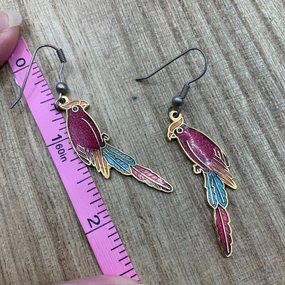 Cloisonne Parrot Vintage Multi Colored Gold Tone Dangling Earrings - Picture 3 of 6